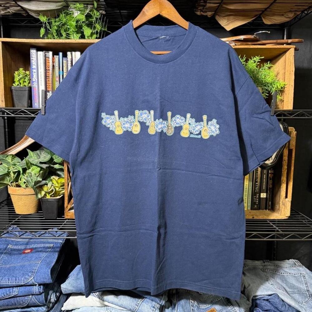 Vintage 90s Hawaii Surf Tee Navy Blue Guitar and Flowers Graphic Surfer Shirt XL
